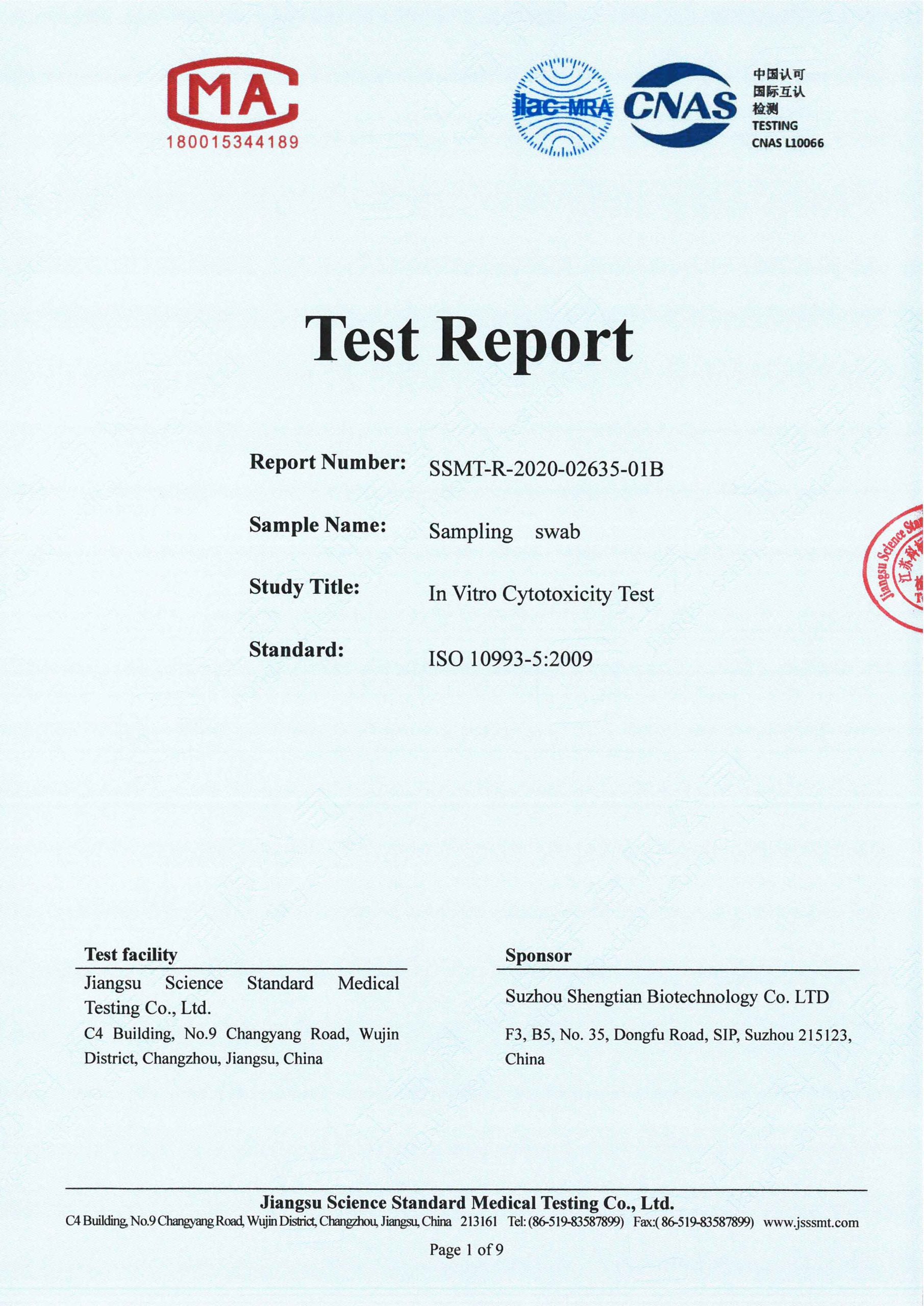 In Vitro Cytotoxicity Test Certificate